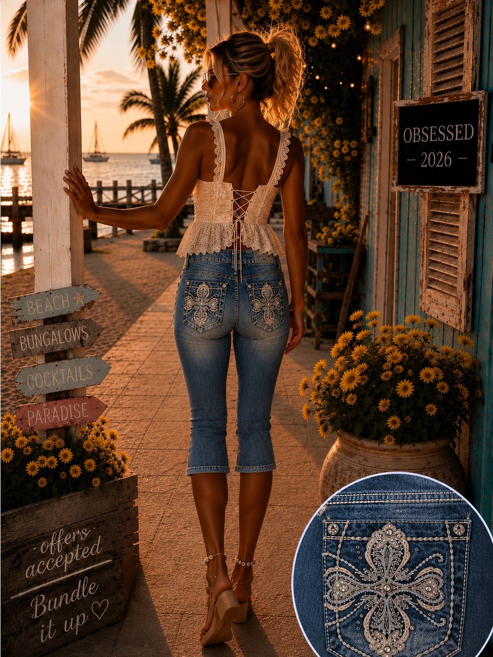 Grace in LA Embellished Capris Jeans | Cross Pocket Design | Rhinestone Denim 💎
